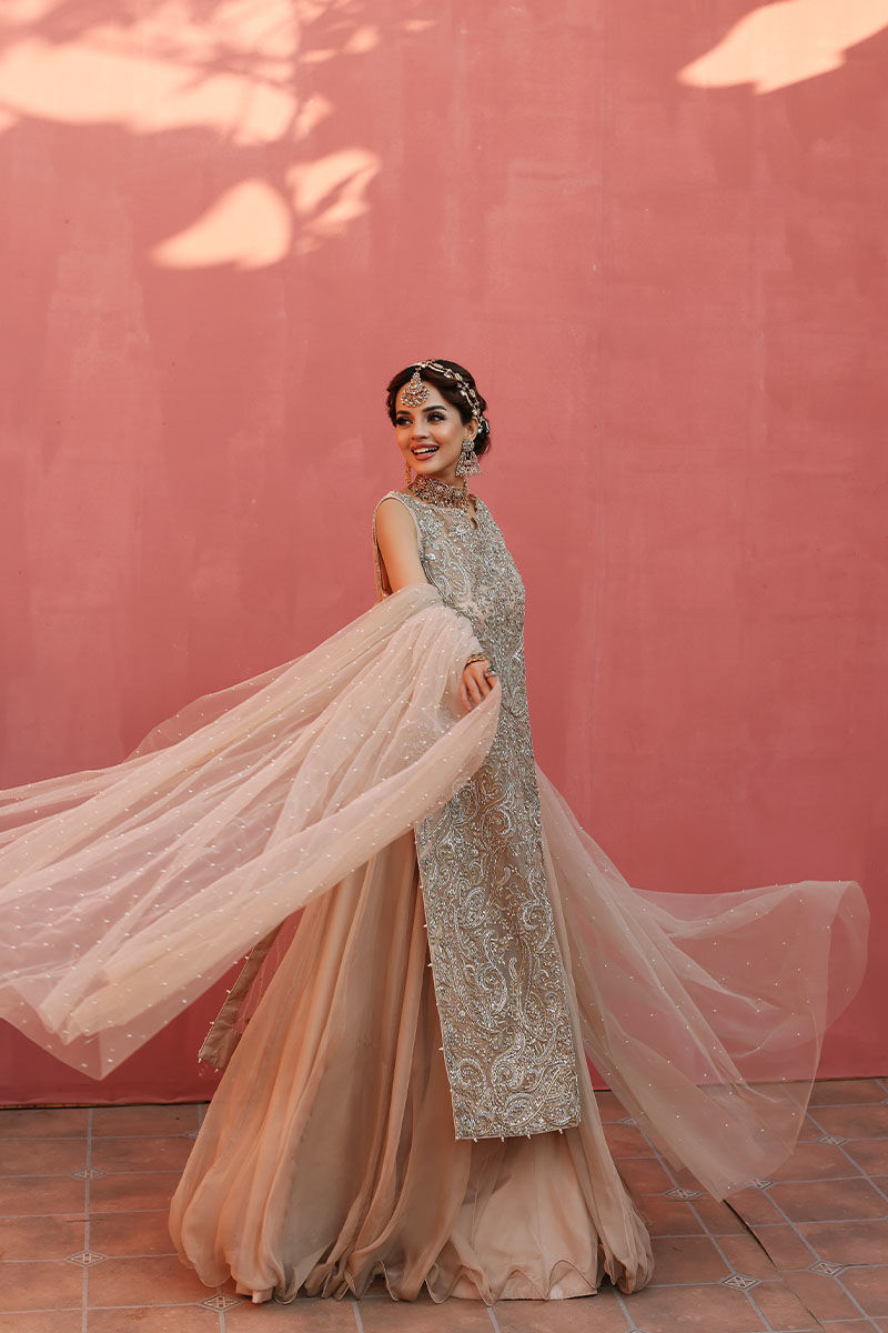 Cameo Rose Embellished Net Long Shirt & Chiffon Skirt (3-Piece) - Image 3