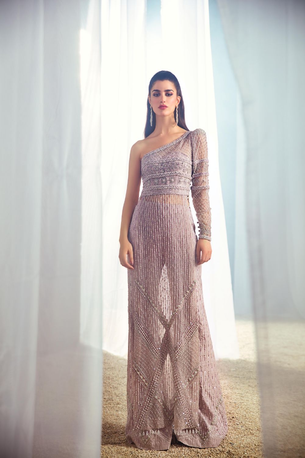 Pakistani Lilac Pink Embellished Net Long Shirt (2-Piece) - Image 1