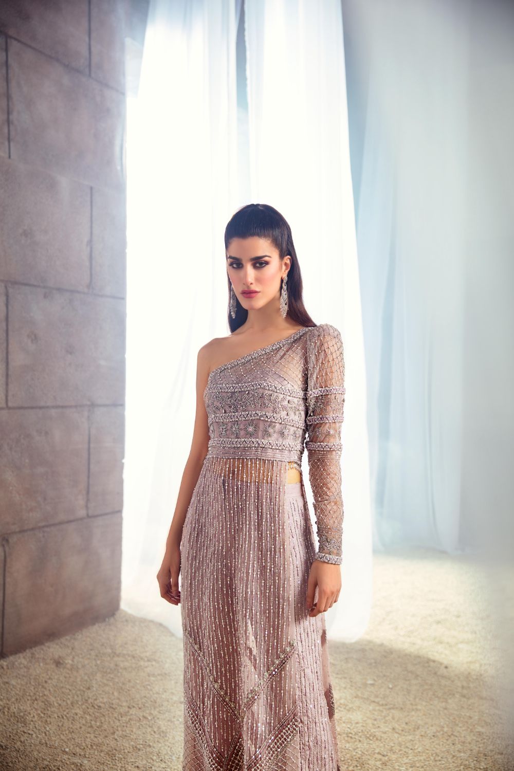 Pakistani Lilac Pink Embellished Net Long Shirt (2-Piece) - Image 2