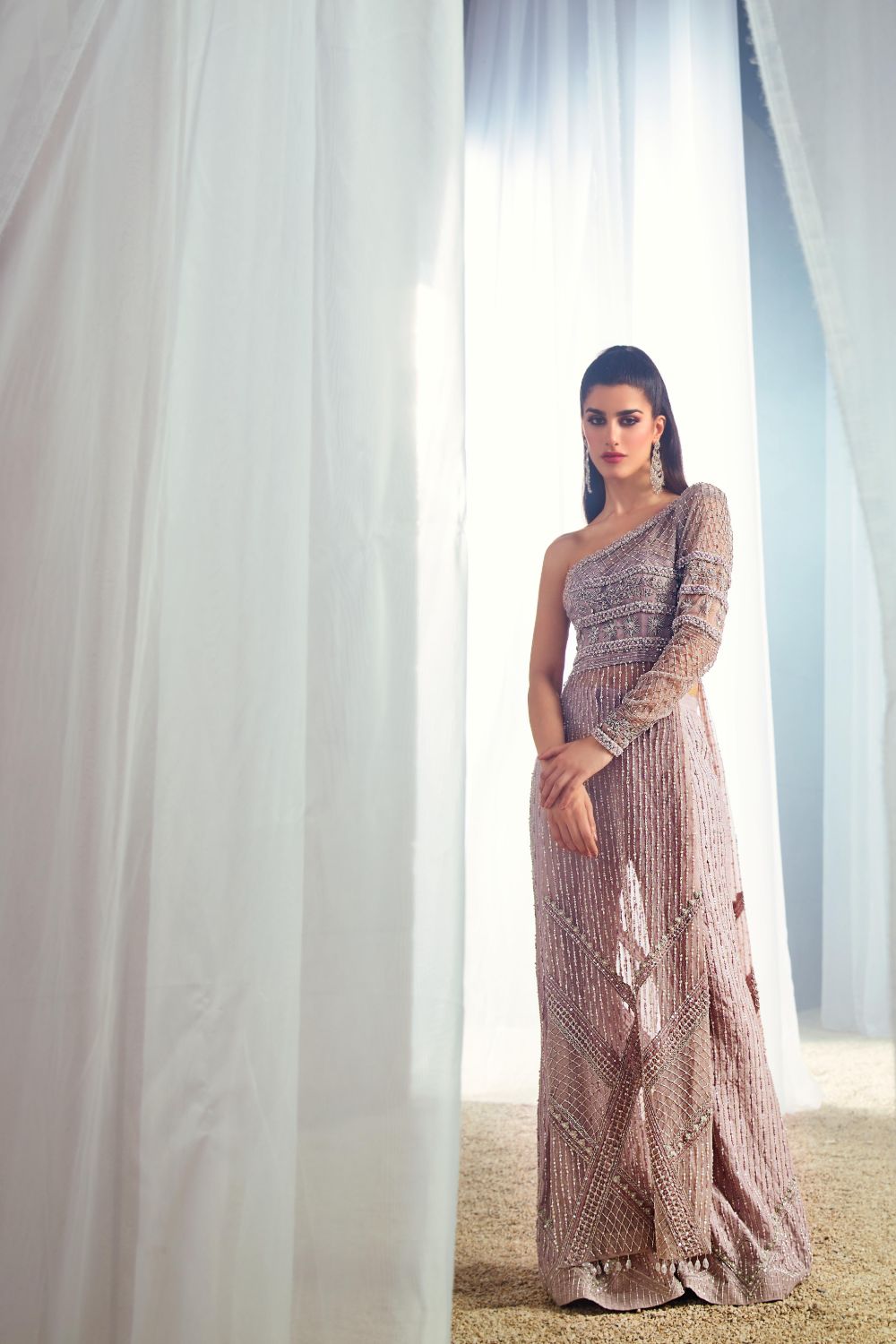 Pakistani Lilac Pink Embellished Net Long Shirt (2-Piece) - Image 4