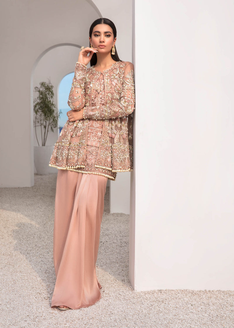 Tea Pink Embroidered Net Salwar Kameez (3-Piece) - Image 2