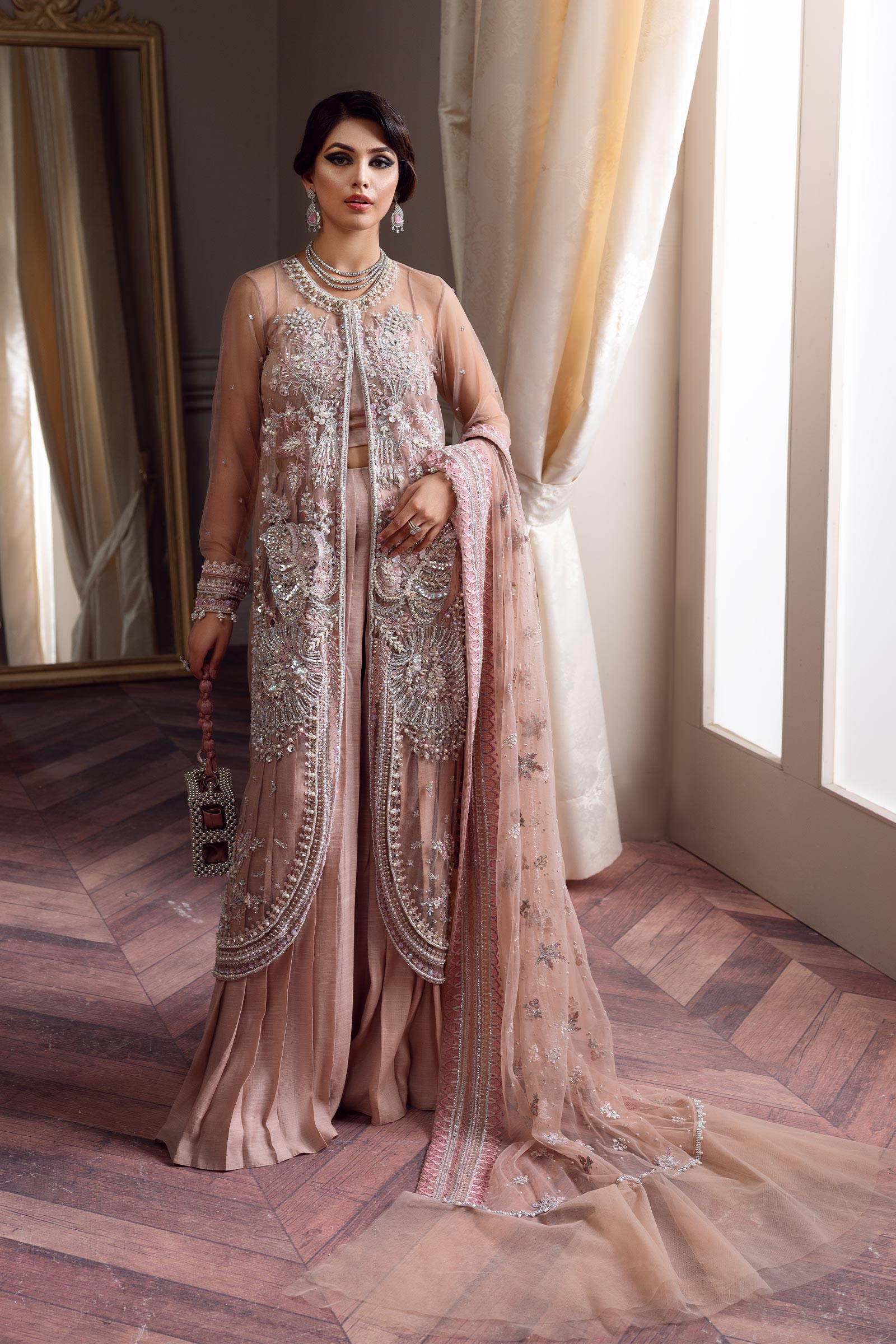 Pakistani Nude Pink Embroidered Net Open Jacket Salwar Kameez (4-Piece) - Image 1