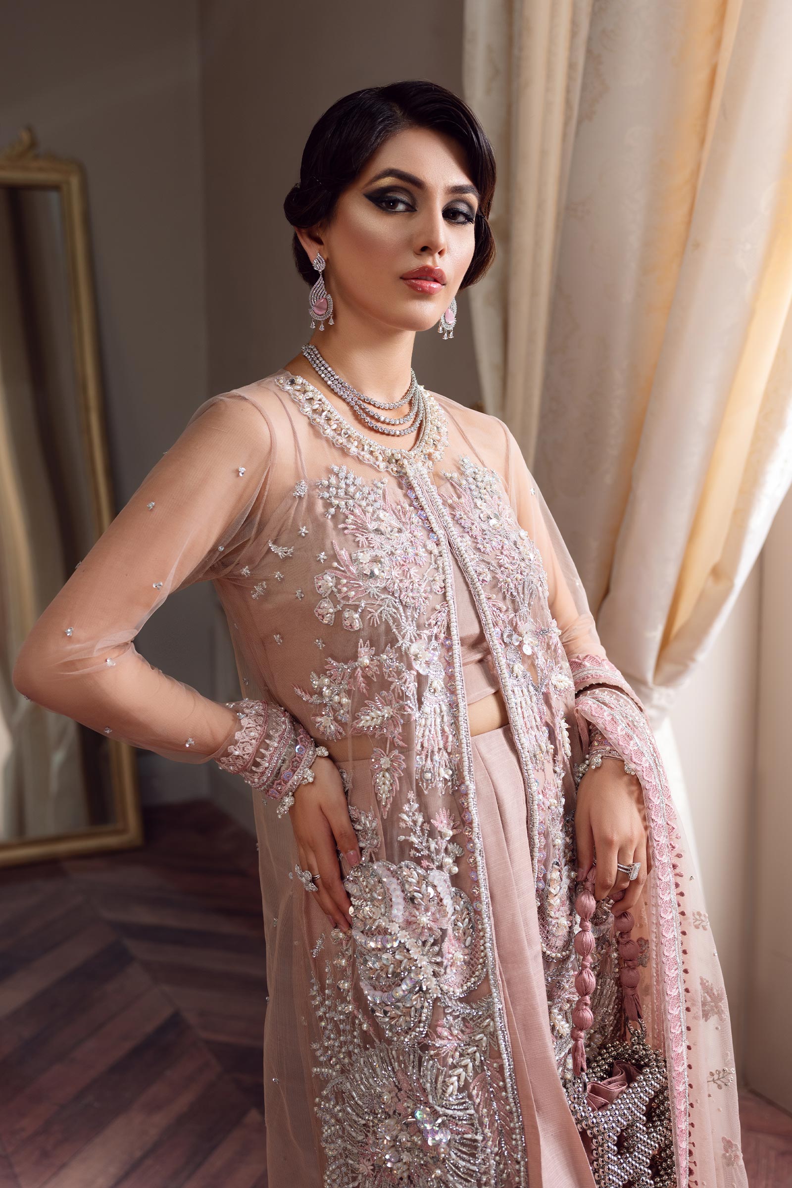 Pakistani Nude Pink Embroidered Net Open Jacket Salwar Kameez (4-Piece) - Image 2