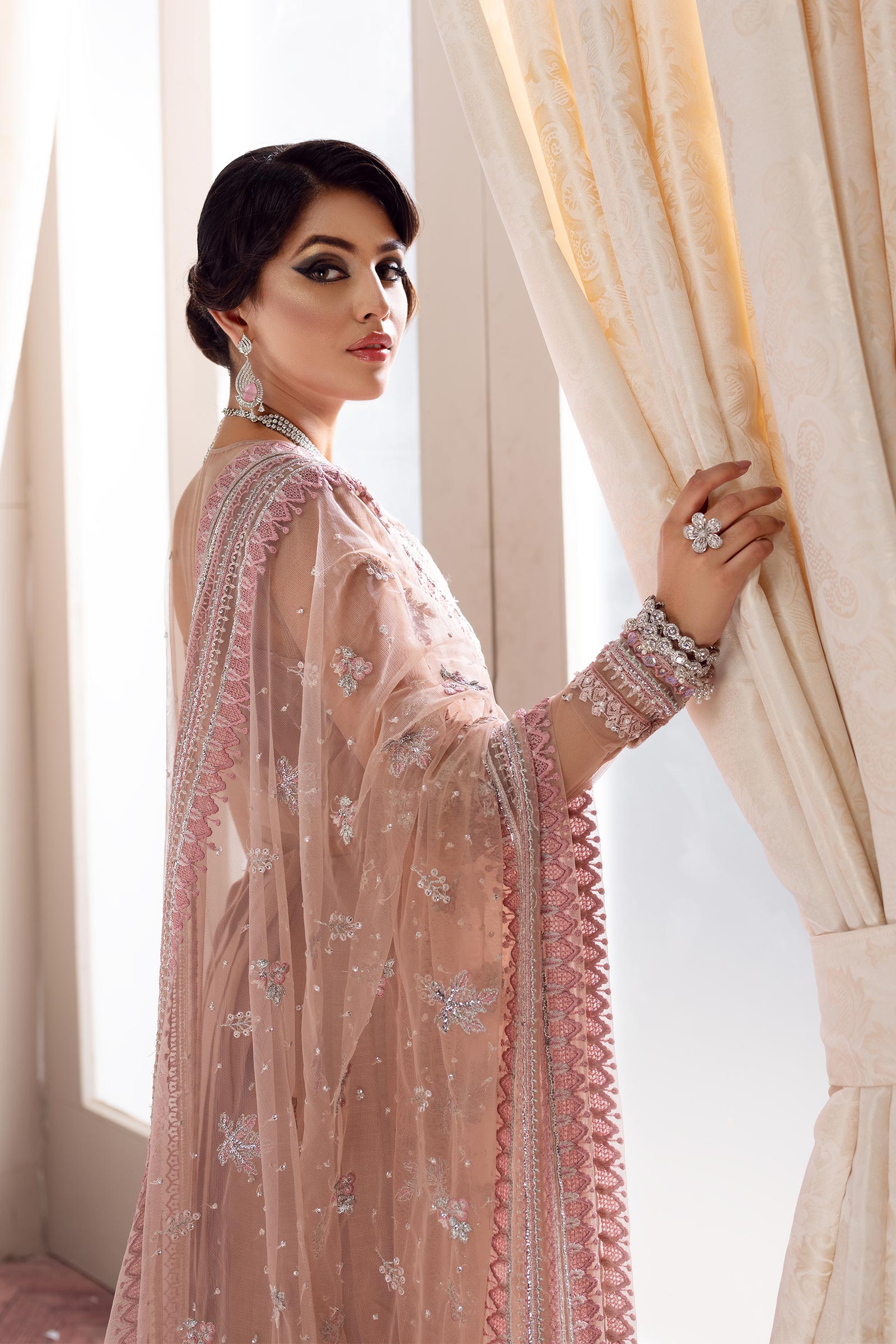 Pakistani Nude Pink Embroidered Net Open Jacket Salwar Kameez (4-Piece) - Image 3