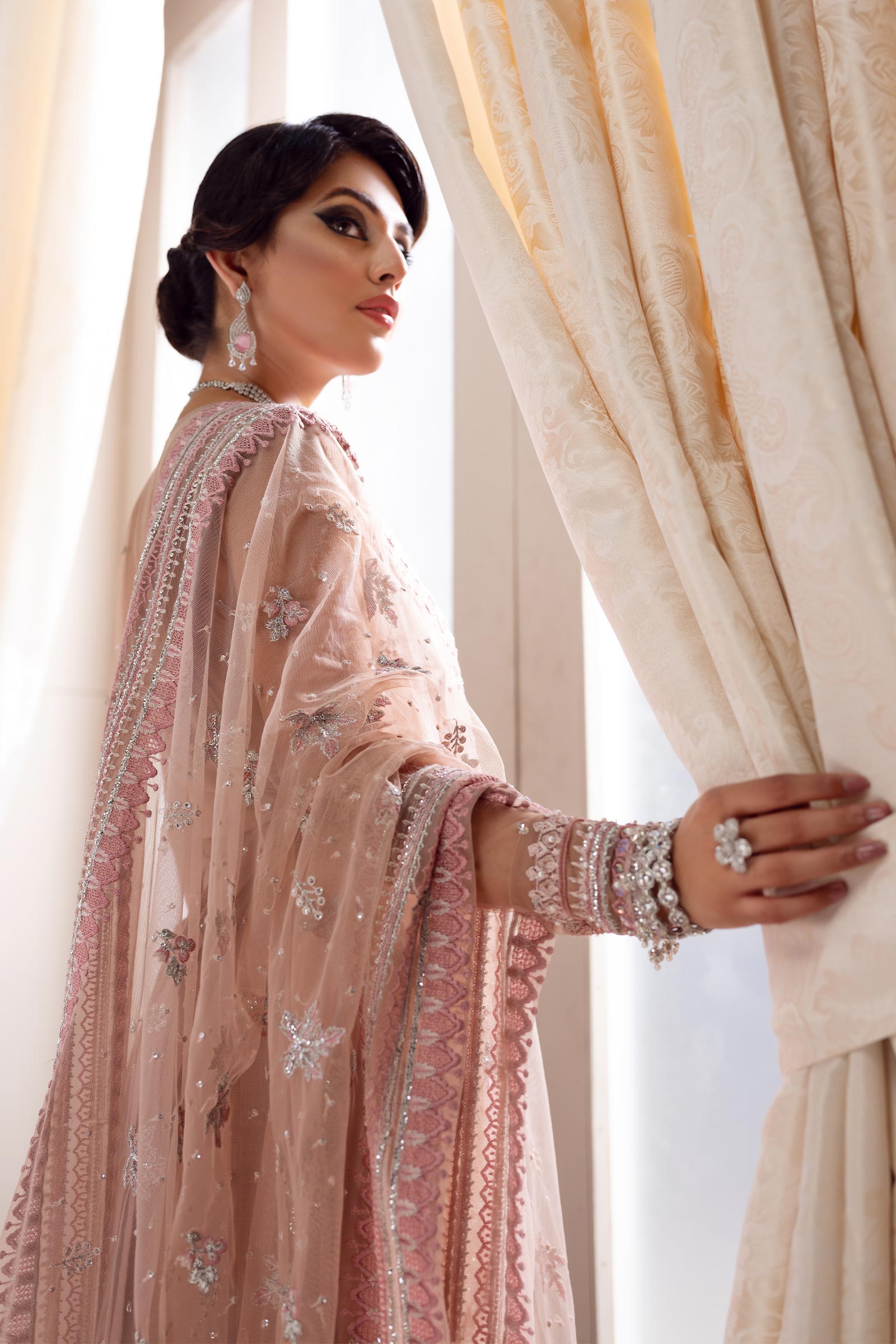 Pakistani Nude Pink Embroidered Net Open Jacket Salwar Kameez (4-Piece) - Image 4