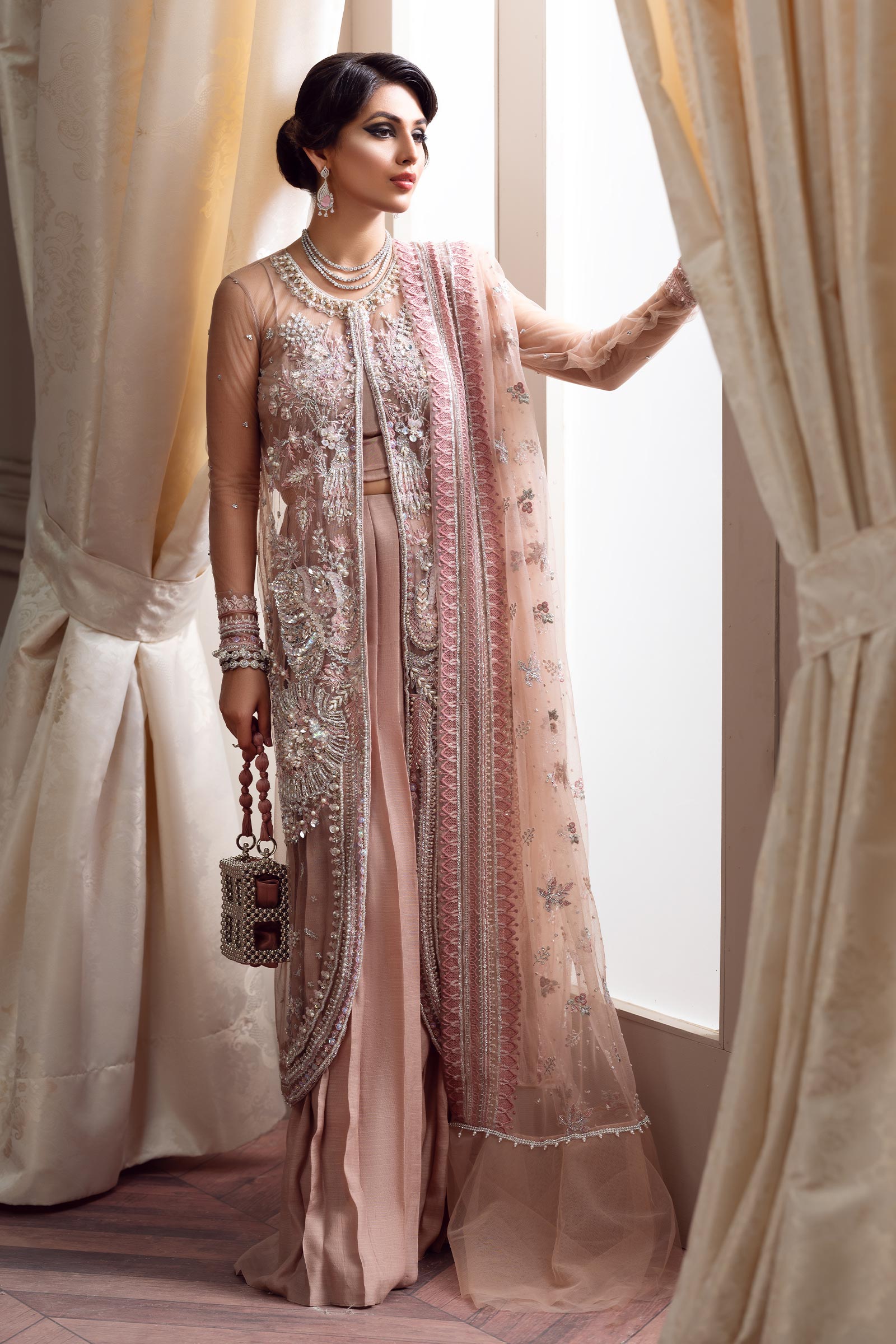 Pakistani Nude Pink Embroidered Net Open Jacket Salwar Kameez (4-Piece) - Image 5