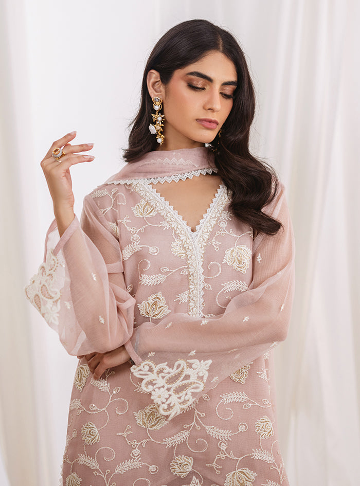 Light Pink Embroidered Net Salwar Kameez (3-Piece) - Image 2