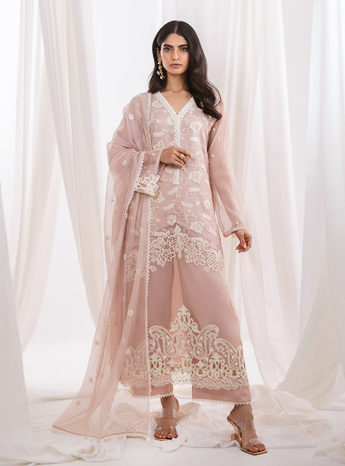 Light Pink Embroidered Net Salwar Kameez (3-Piece) - Image 6