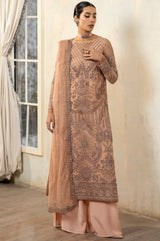 Pakistani Peach Embroidered Net & Organza 3-Piece Suit - Image 1