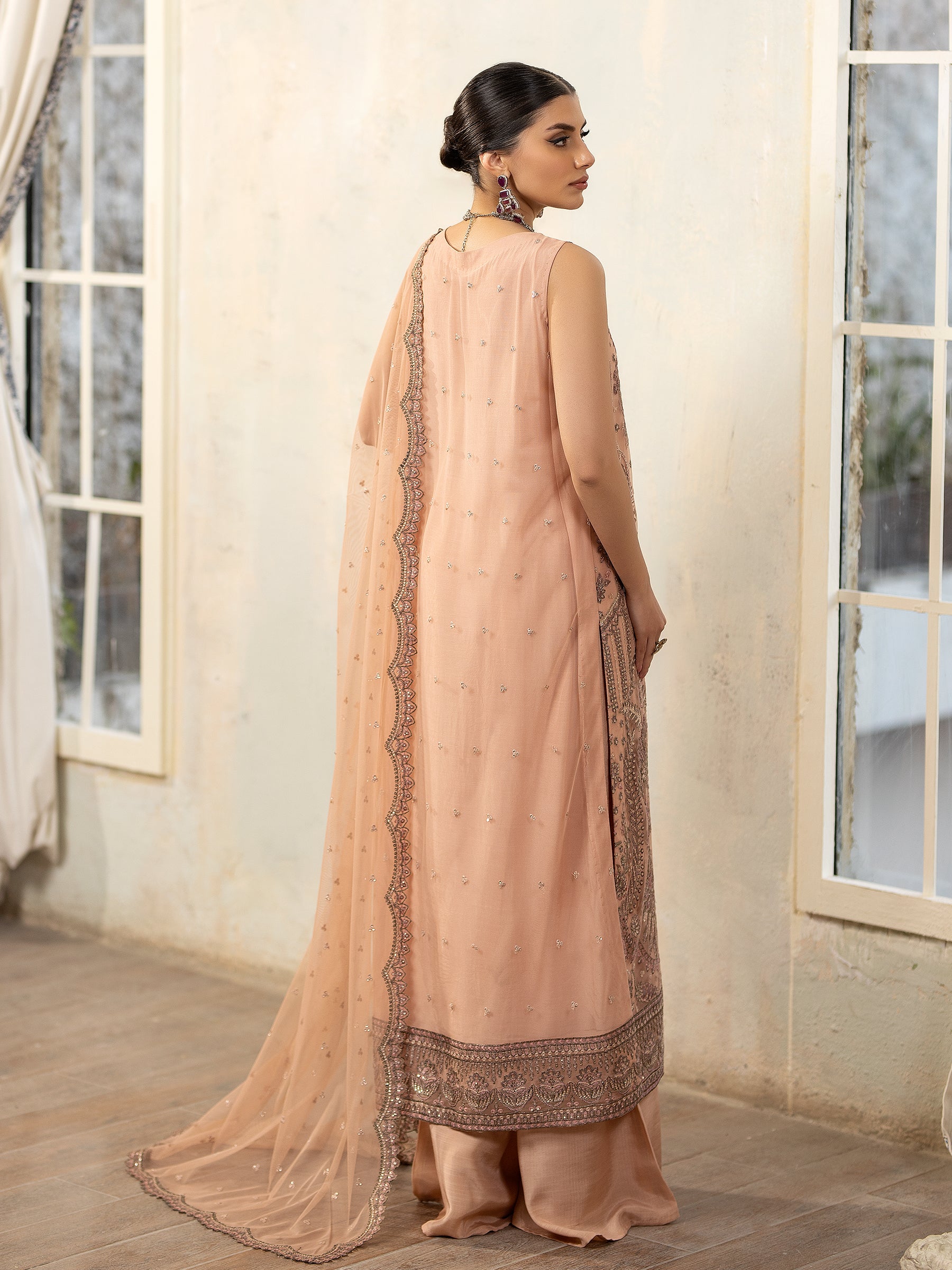 Pakistani Peach Embroidered Net & Organza 3-Piece Suit - Image 11