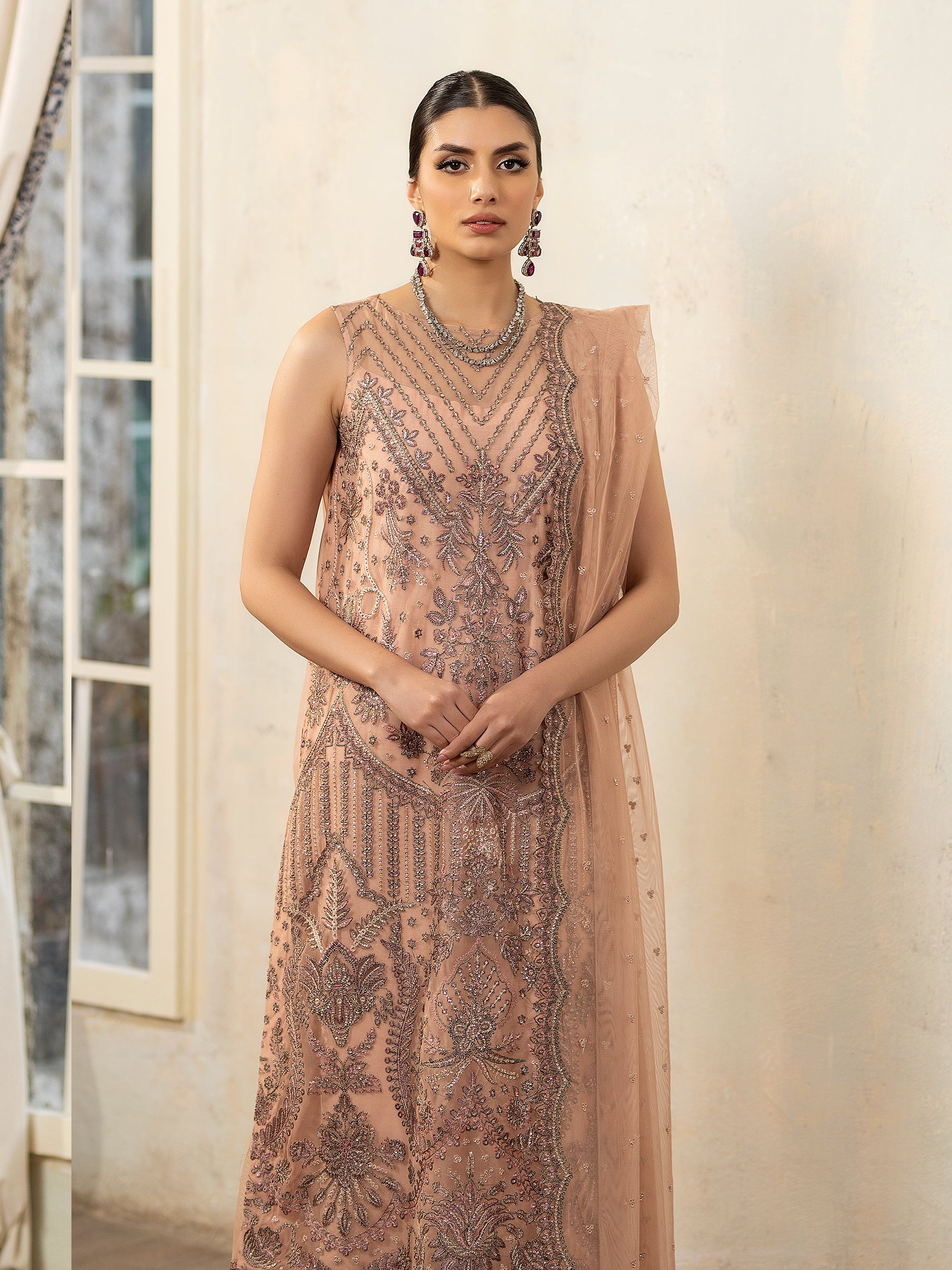 Pakistani Peach Embroidered Net & Organza 3-Piece Suit - Image 12