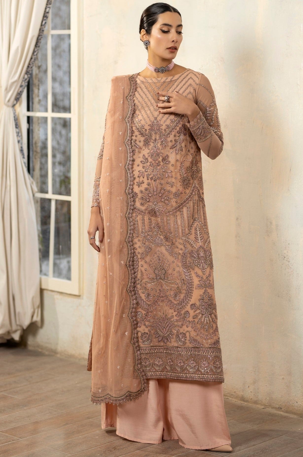 Pakistani Peach Embroidered Net & Organza 3-Piece Suit - Image 2