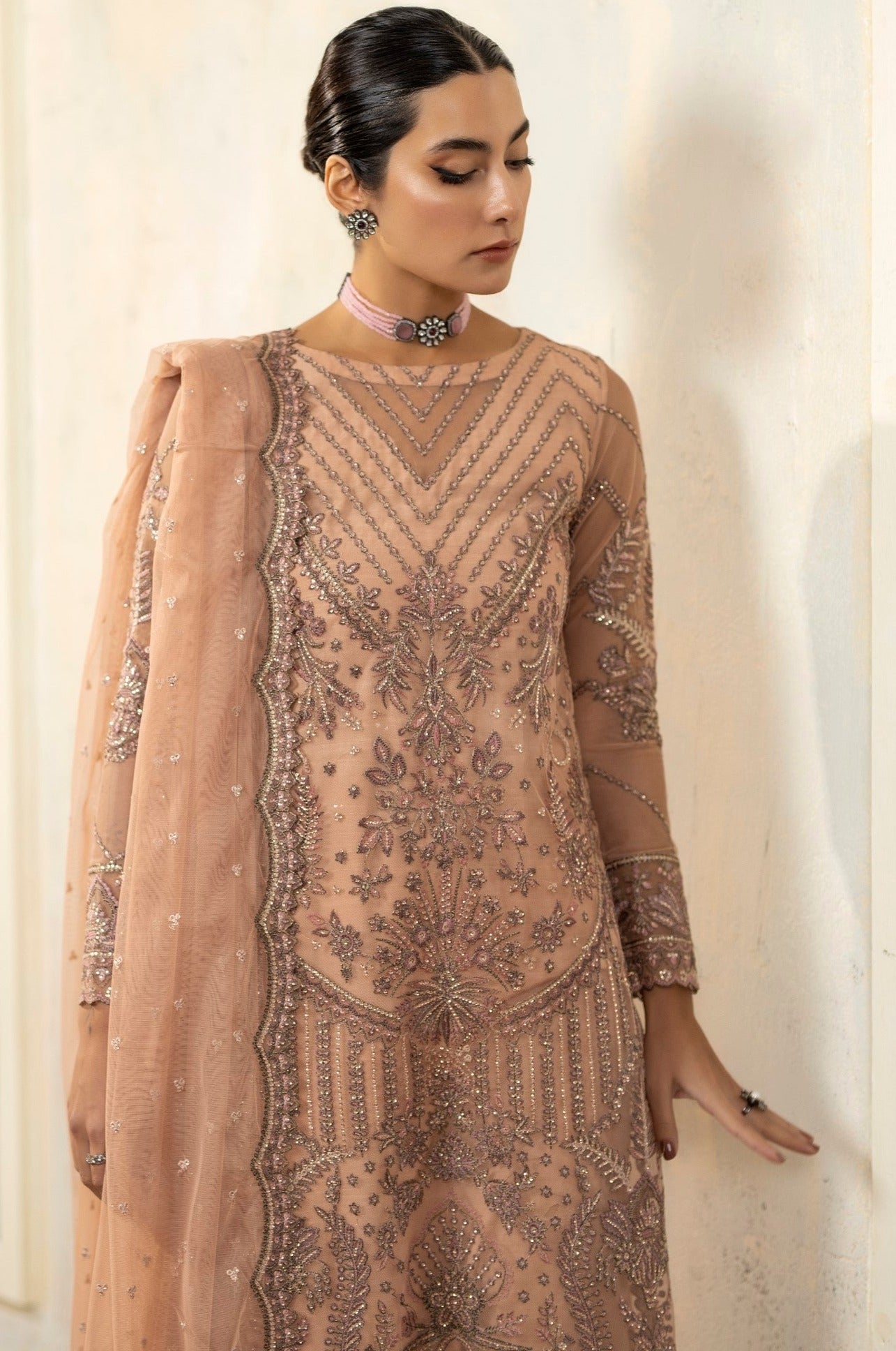 Pakistani Peach Embroidered Net & Organza 3-Piece Suit - Image 3