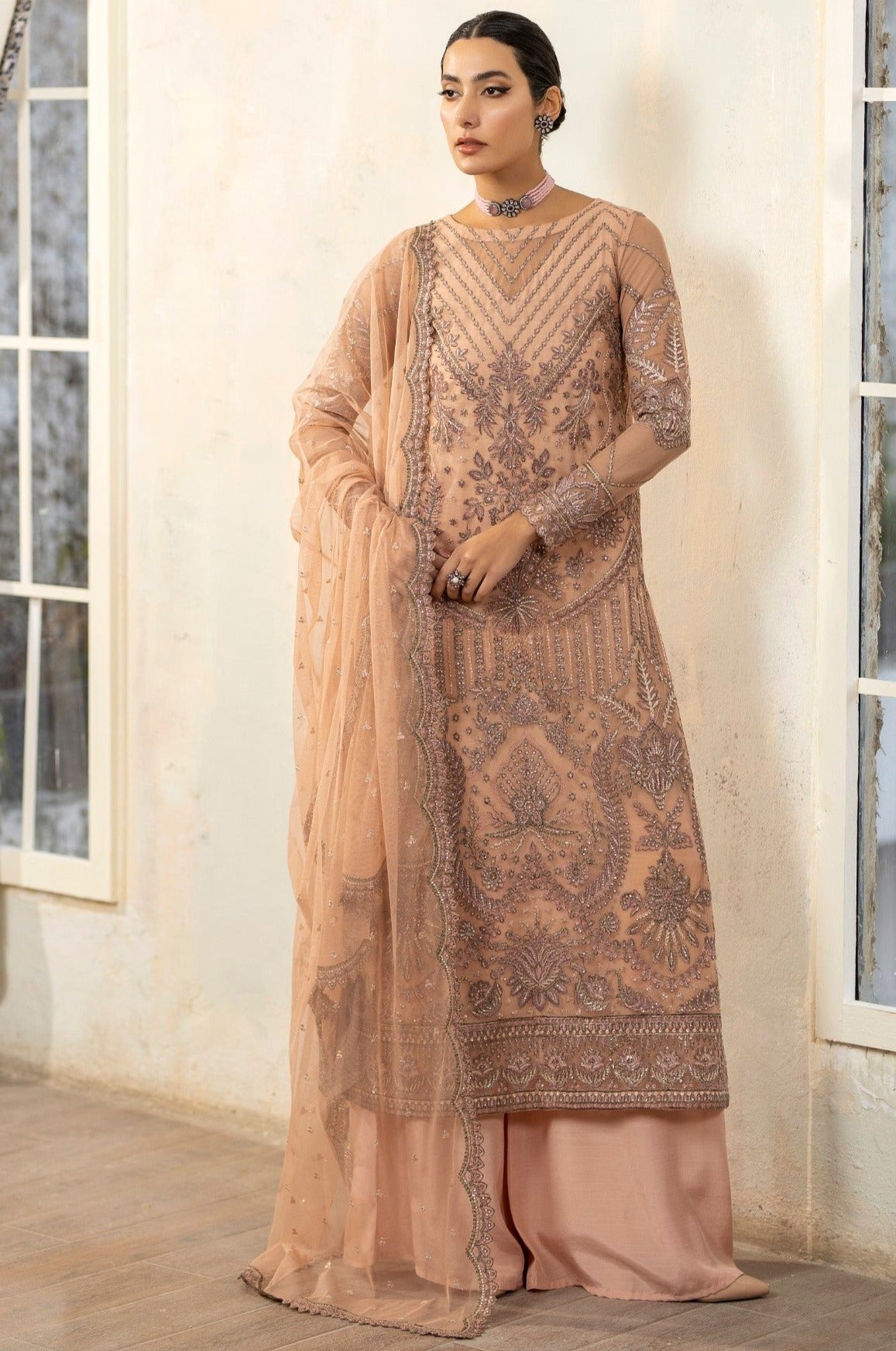 Pakistani Peach Embroidered Net & Organza 3-Piece Suit - Image 4