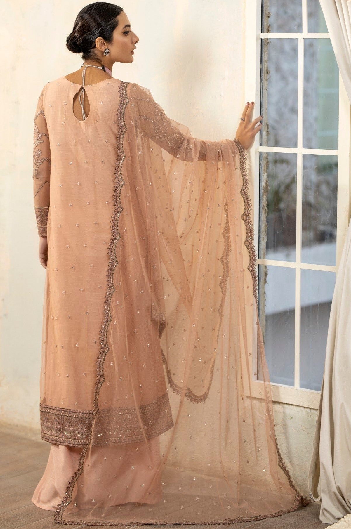Pakistani Peach Embroidered Net & Organza 3-Piece Suit - Image 5