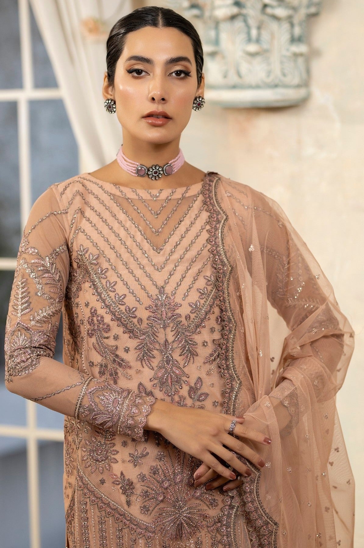 Pakistani Peach Embroidered Net & Organza 3-Piece Suit - Image 6