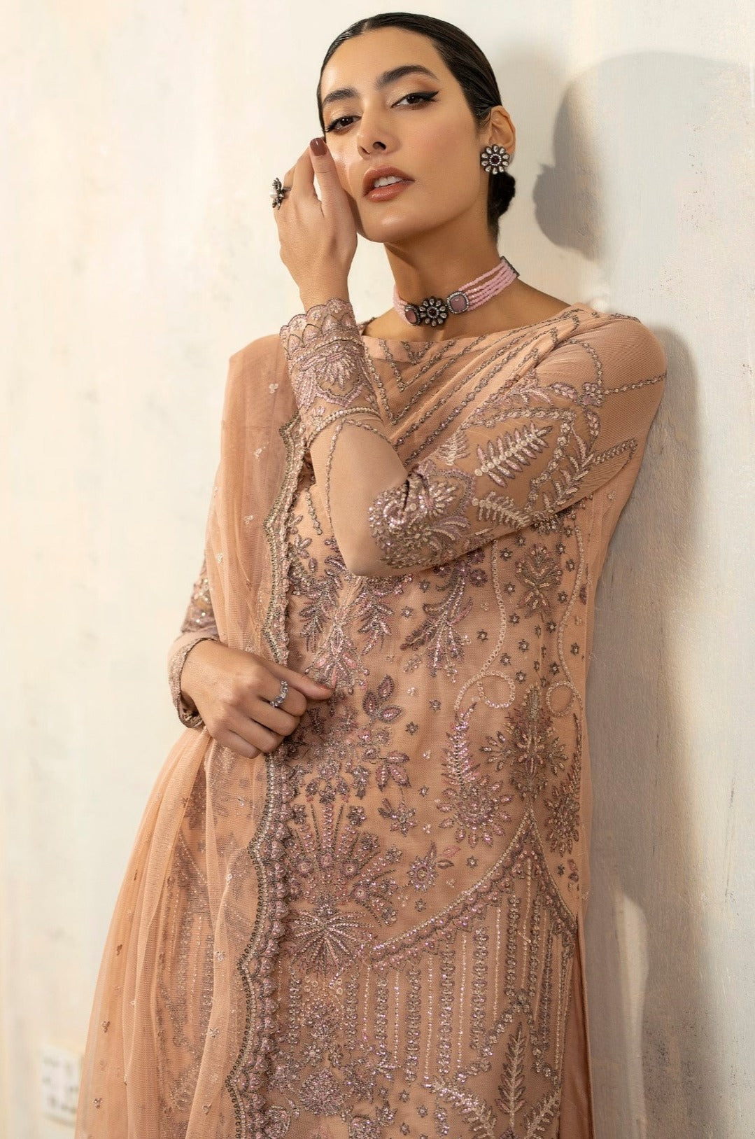 Pakistani Peach Embroidered Net & Organza 3-Piece Suit - Image 7
