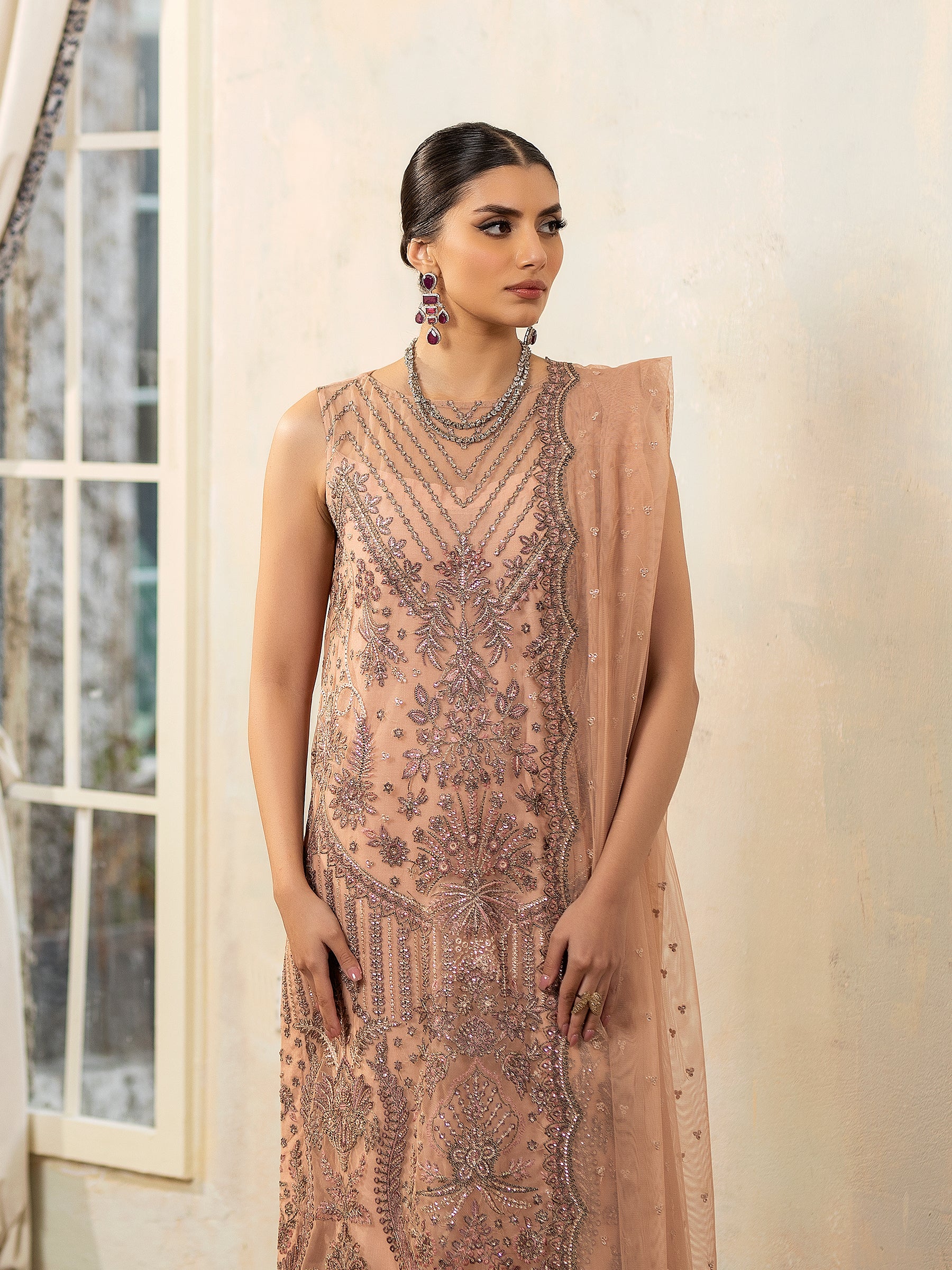 Pakistani Peach Embroidered Net & Organza 3-Piece Suit - Image 8