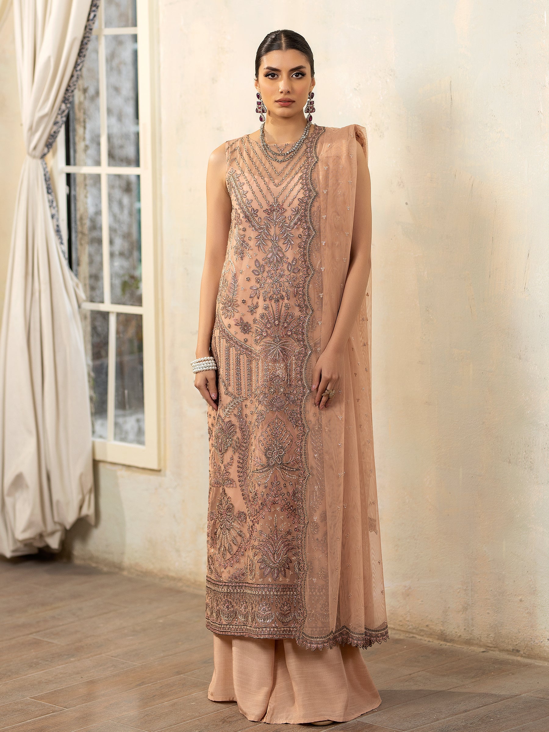 Pakistani Peach Embroidered Net & Organza 3-Piece Suit - Image 9
