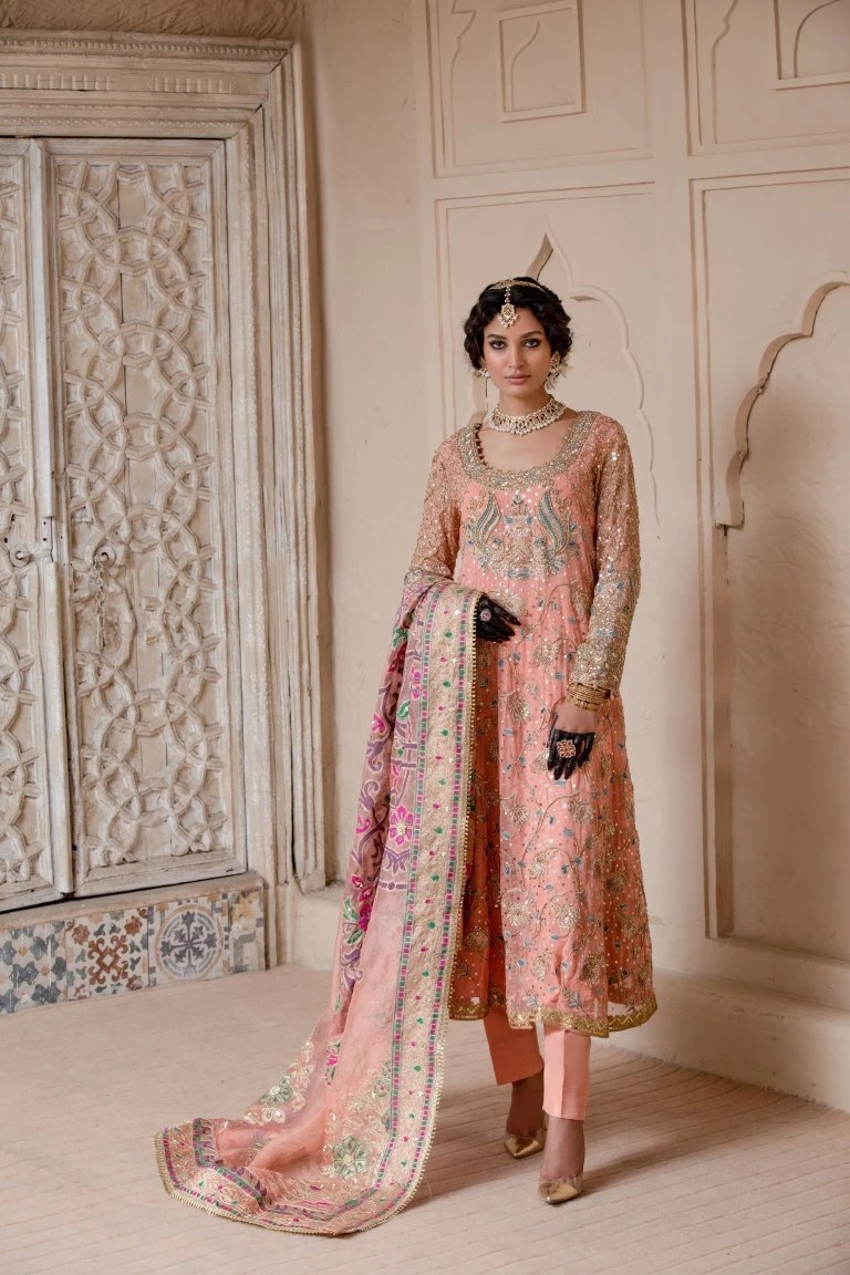 Peach Embroidered Net Silk-Blend Salwar Kameez (3-Piece) - Image 1