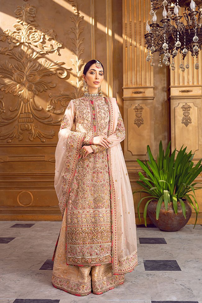 Pakistani Blush Pink Zardozi Net Bridal Salwar Kameez (3-Piece) - Image 2