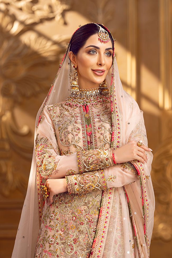 Pakistani Blush Pink Zardozi Net Bridal Salwar Kameez (3-Piece) - Image 3