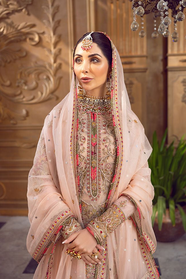 Pakistani Blush Pink Zardozi Net Bridal Salwar Kameez (3-Piece) - Image 4