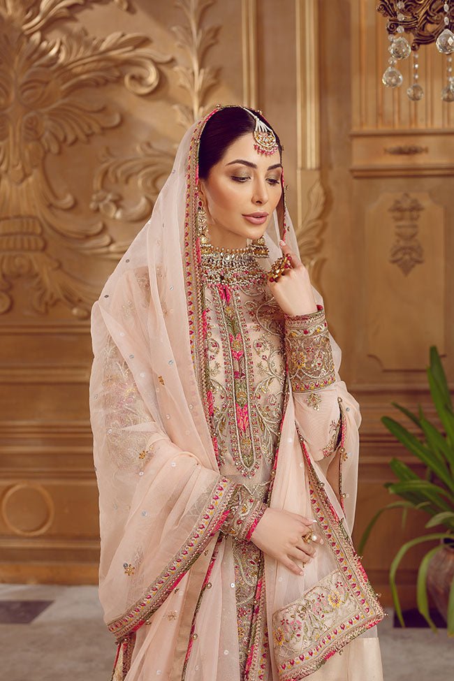Pakistani Blush Pink Zardozi Net Bridal Salwar Kameez (3-Piece) - Image 5