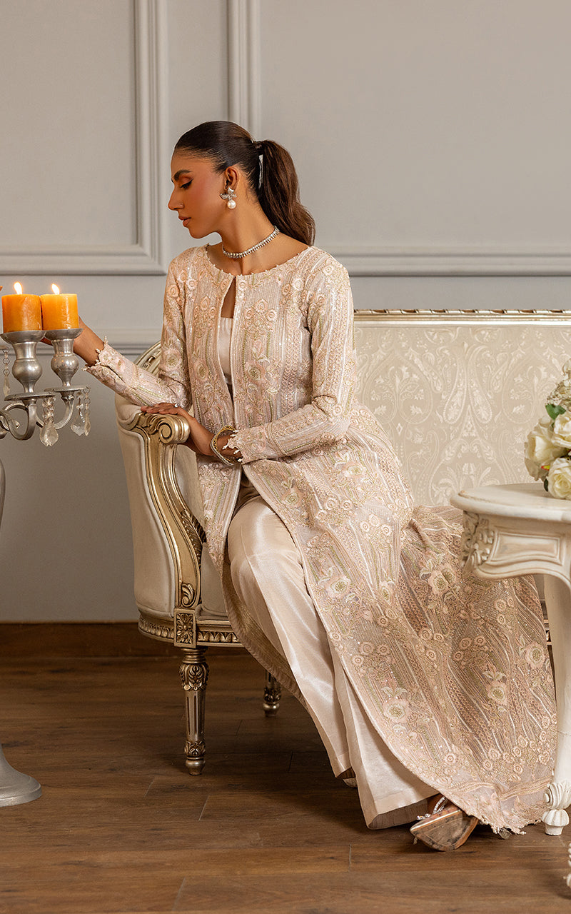 Blush Embroidered Net Long Jacket with Trousers (2-Piece) - Image 4