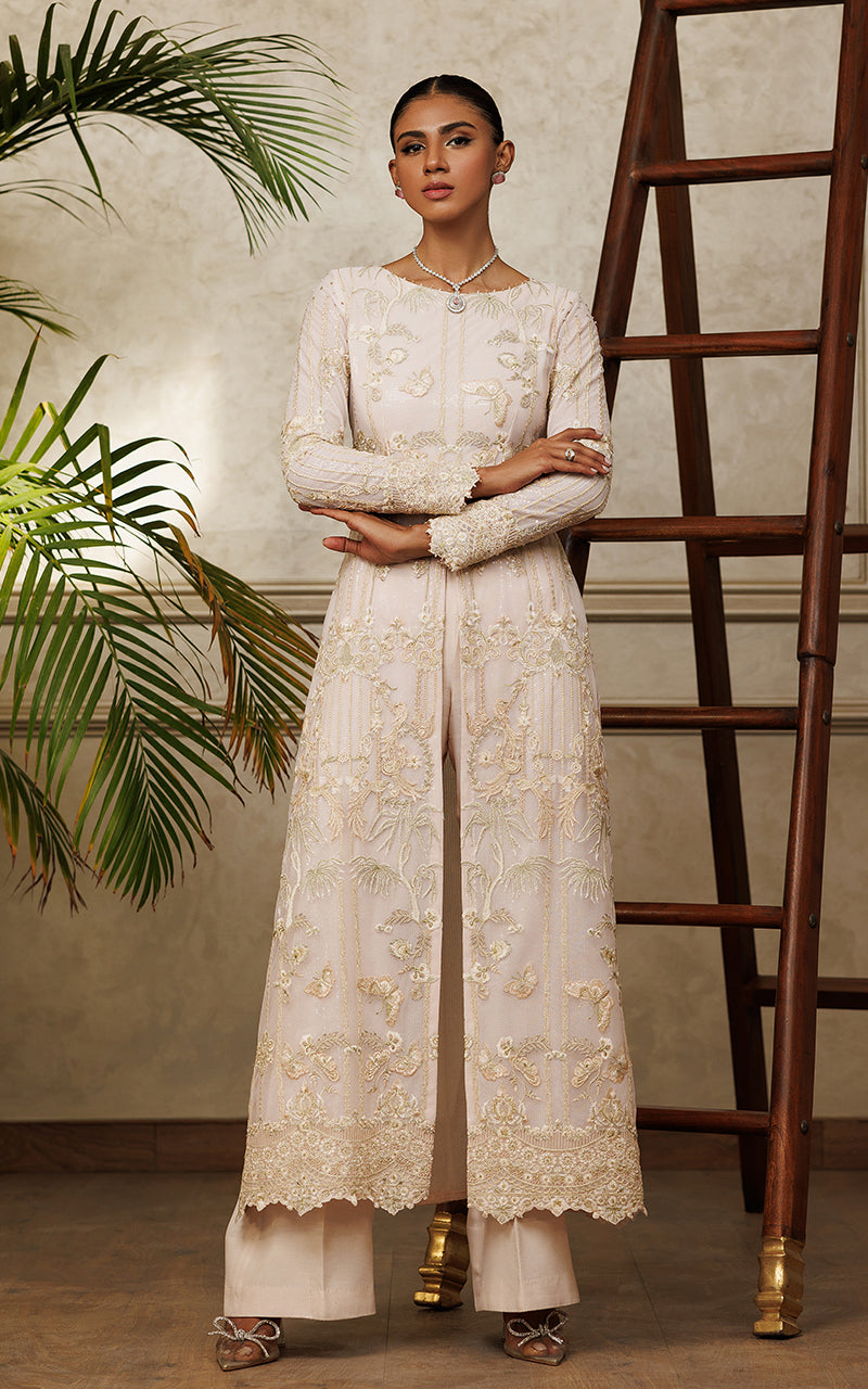 Pakistani Soft Blush Embroidered Net Salwar Kameez (2-Piece) - Image 1