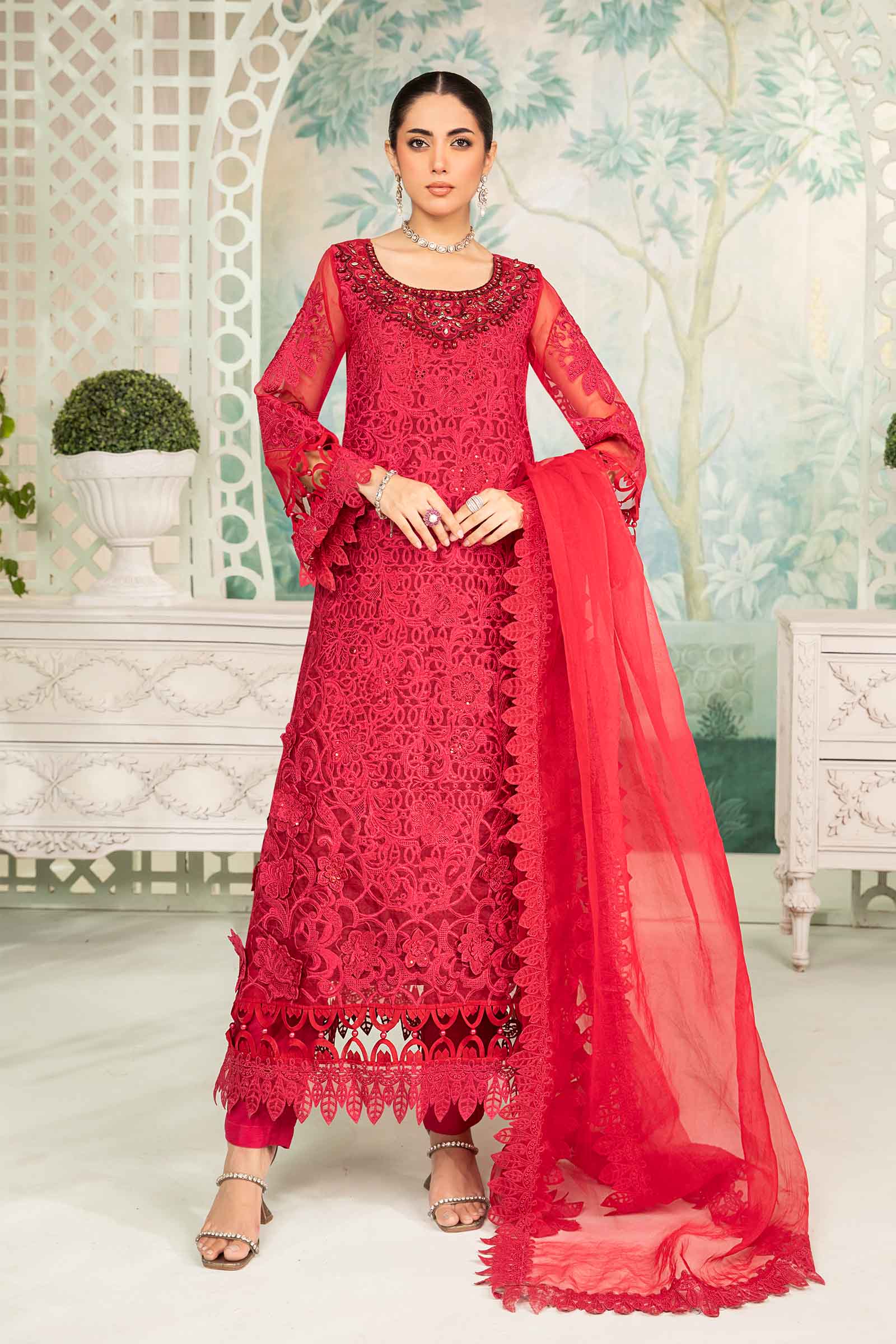 Pakistani Deep Pink Embroidered Organza 3-Piece Suit - Image 1