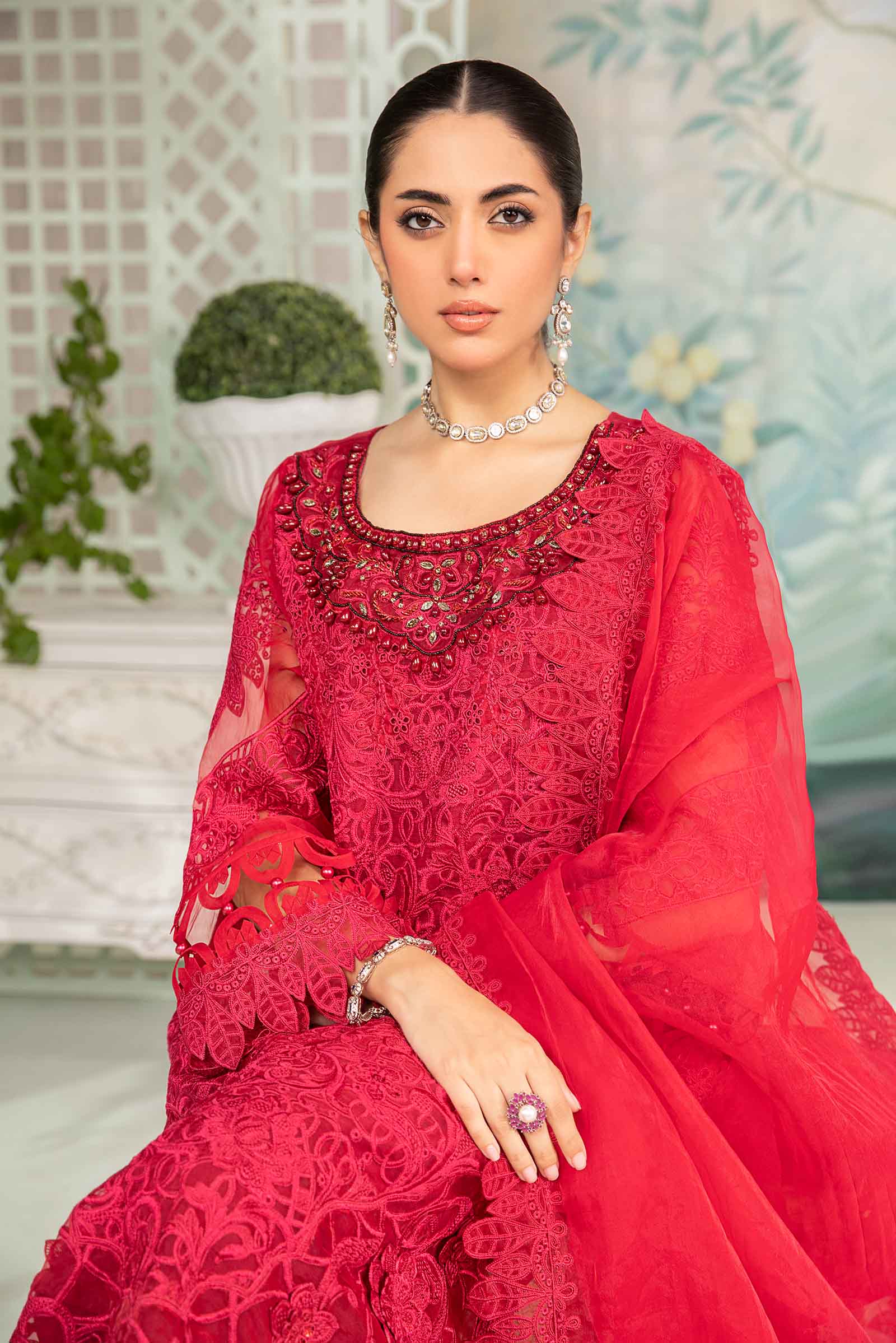 Pakistani Deep Pink Embroidered Organza 3-Piece Suit - Image 2