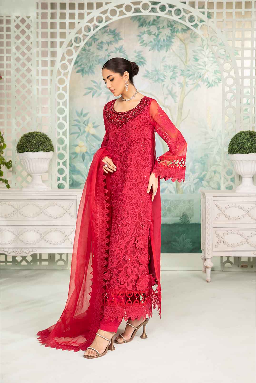 Pakistani Deep Pink Embroidered Organza 3-Piece Suit - Image 3