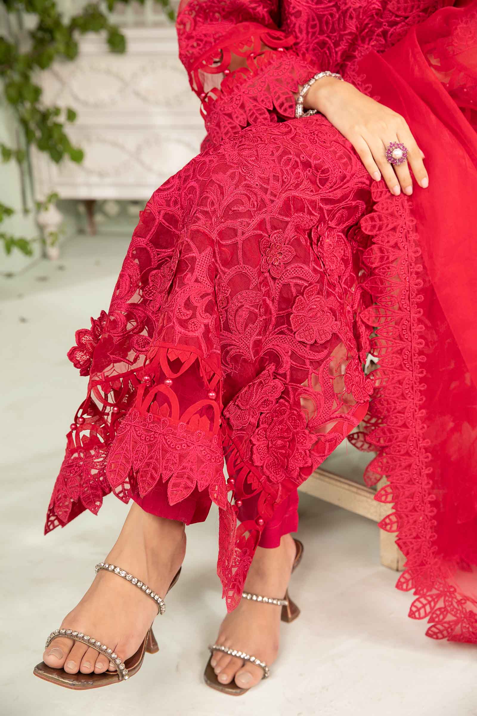 Pakistani Deep Pink Embroidered Organza 3-Piece Suit - Image 4