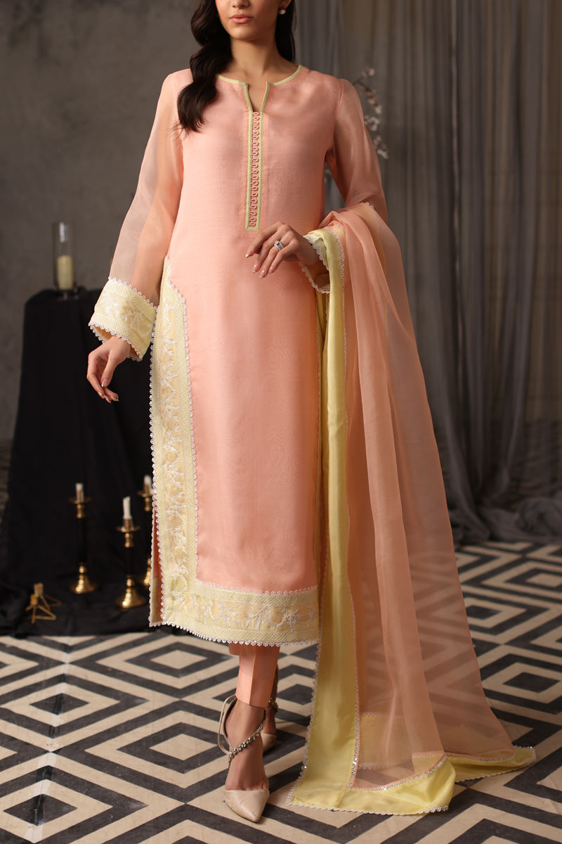 Peach Aari-Embroidered Organza Salwar Kameez (3-Piece) - Image 1