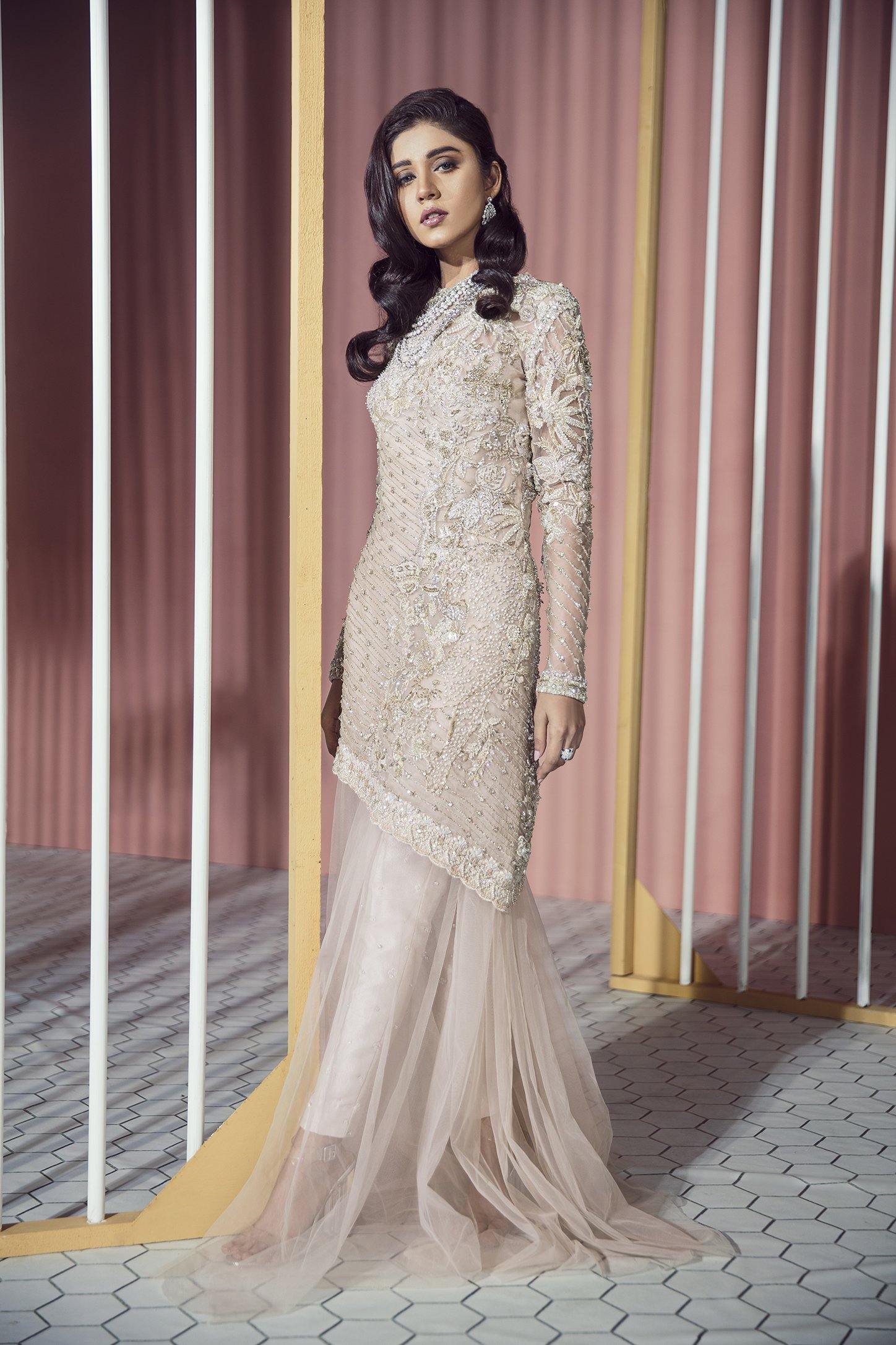 Powder Pink Handworked Organza Salwar Kameez (2-Piece) - Image 2