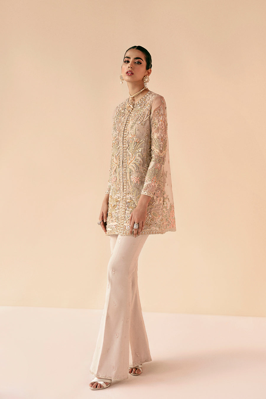 Powder Pink Botanical Embroidered Organza Jacket Set (2-Piece) - Image 1