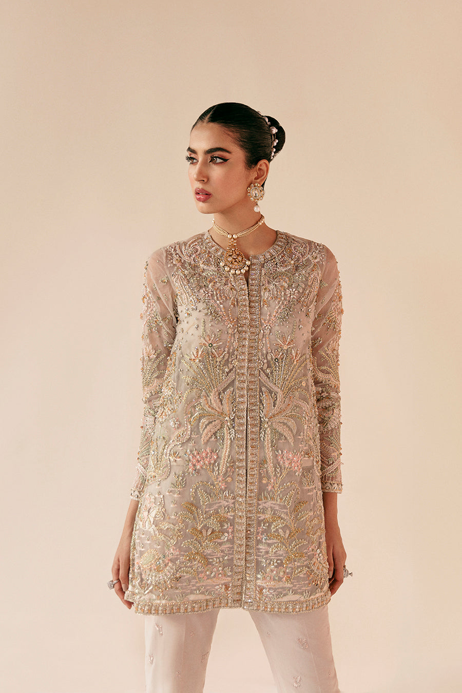 Powder Pink Botanical Embroidered Organza Jacket Set (2-Piece) - Image 2