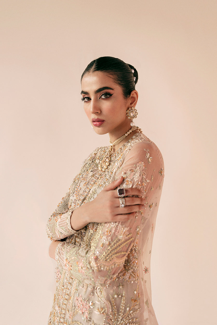 Powder Pink Botanical Embroidered Organza Jacket Set (2-Piece) - Image 3