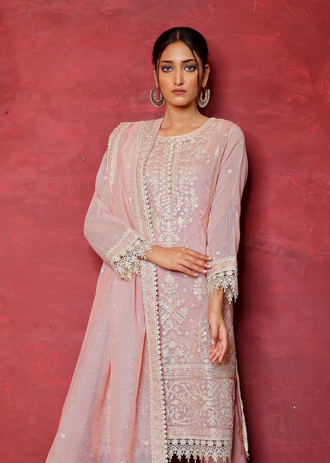 Pakistani Blush Pink Chikan Embroidered Organza Net Kurta (3-Piece) - Image 2