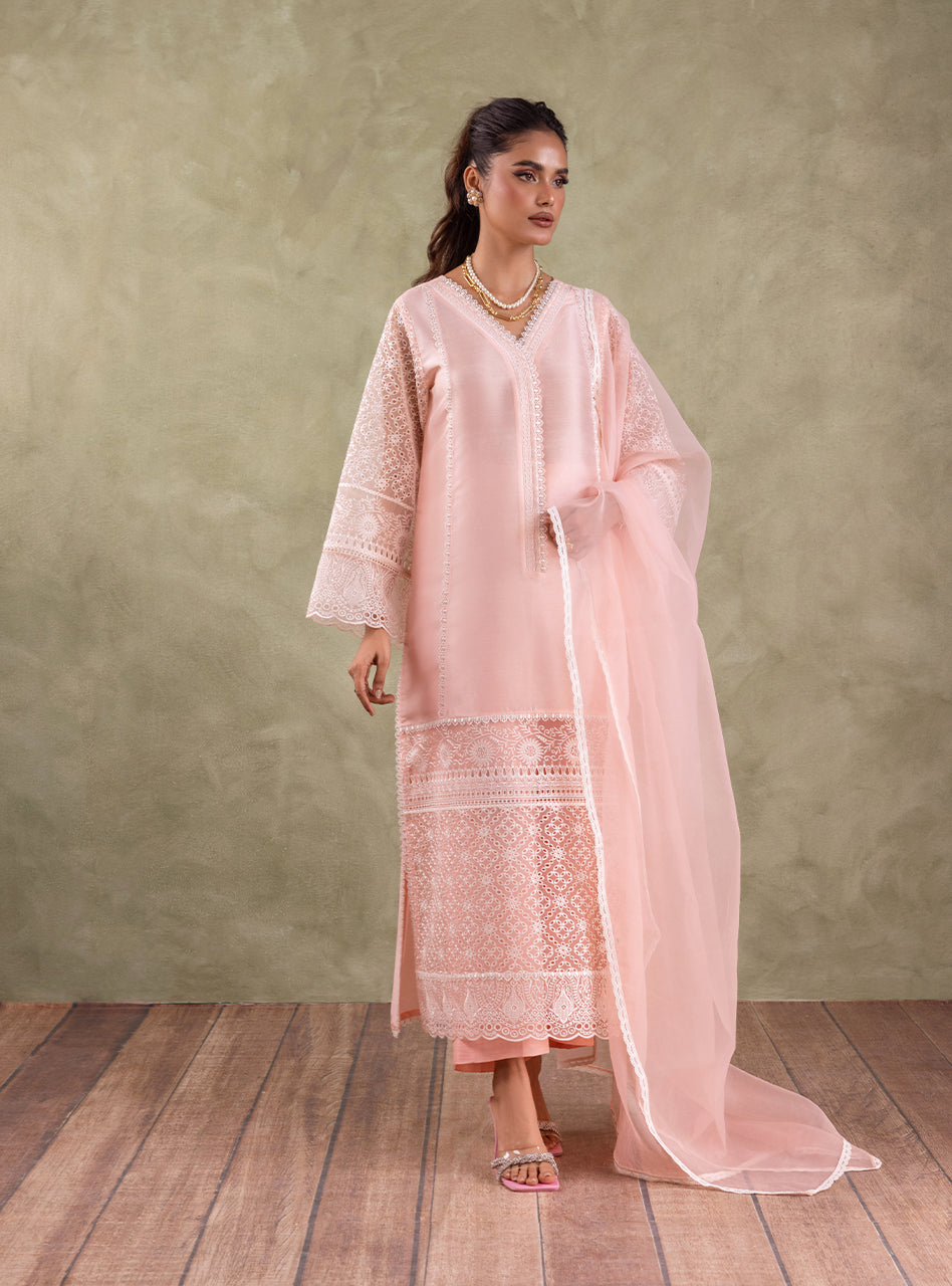 Pakistani Peach Pink Chikankari Organza Kameez (3-Piece) - Image 1