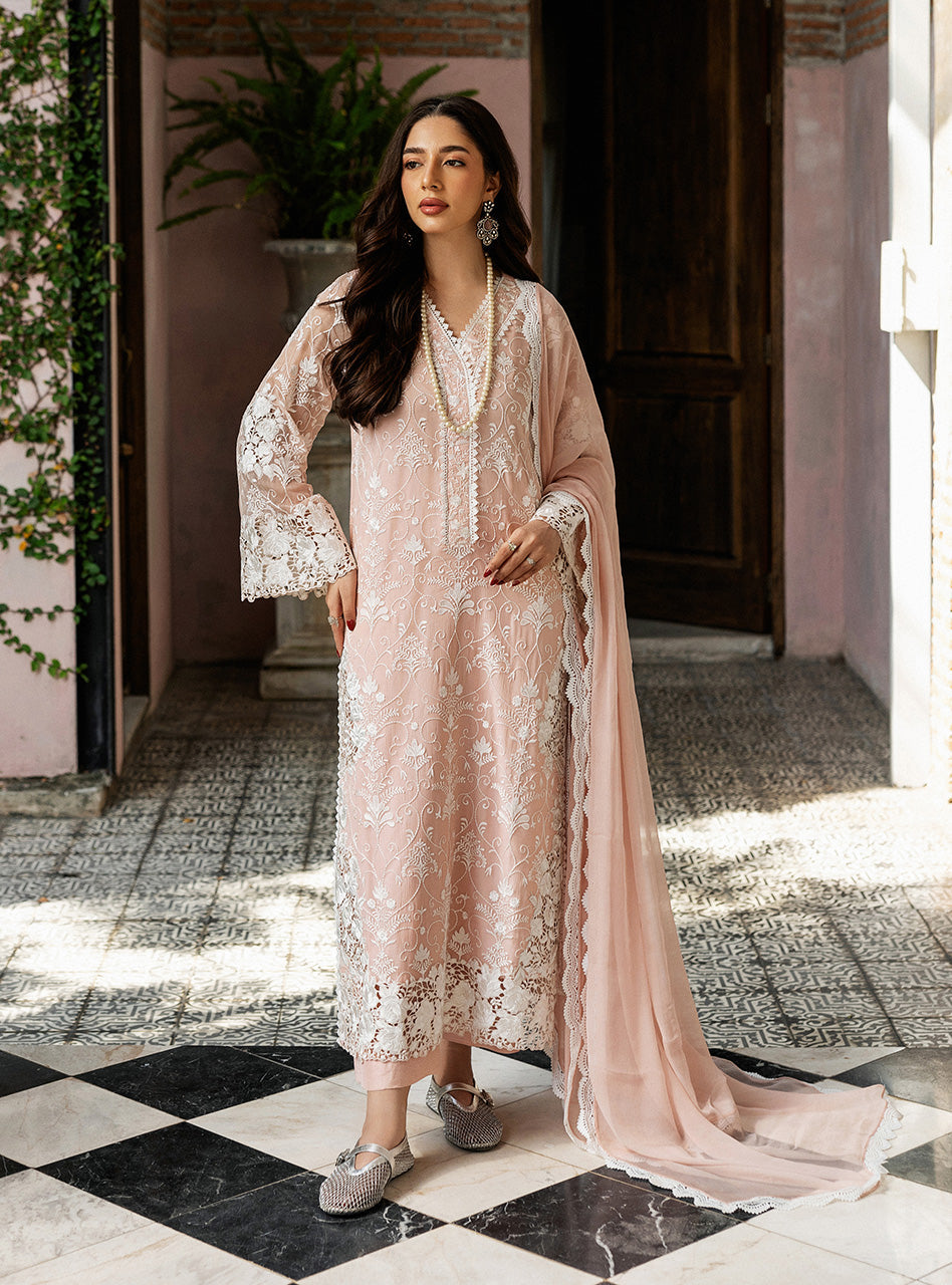 Pakistani Salmon Pink Cutwork Embroidered Organza Salwar Kameez (3-Piece) - Image 1