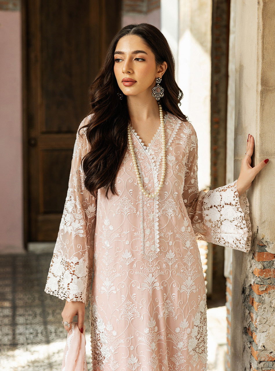 Pakistani Salmon Pink Cutwork Embroidered Organza Salwar Kameez (3-Piece) - Image 2