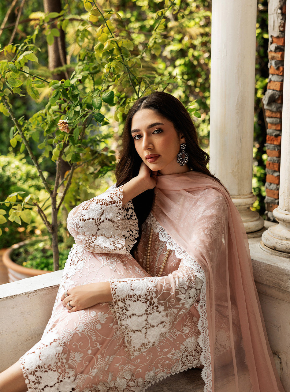 Pakistani Salmon Pink Cutwork Embroidered Organza Salwar Kameez (3-Piece) - Image 4