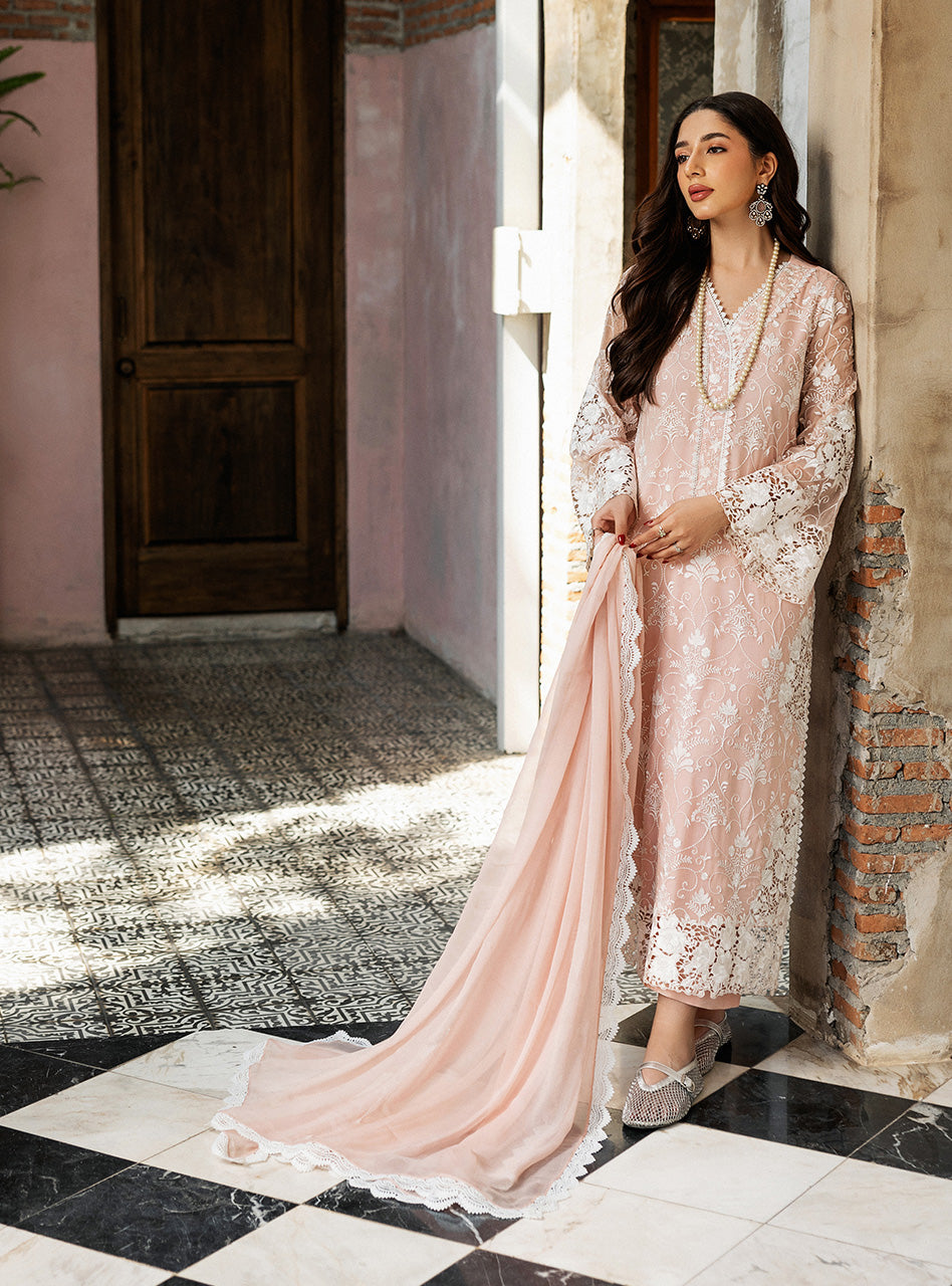 Pakistani Salmon Pink Cutwork Embroidered Organza Salwar Kameez (3-Piece) - Image 8