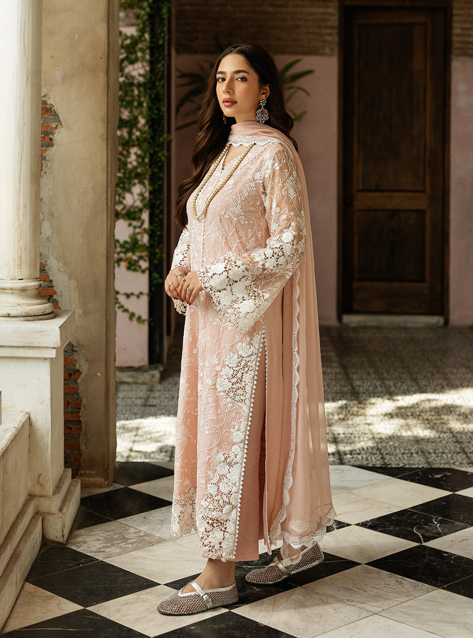 Pakistani Salmon Pink Cutwork Embroidered Organza Salwar Kameez (3-Piece) - Image 9