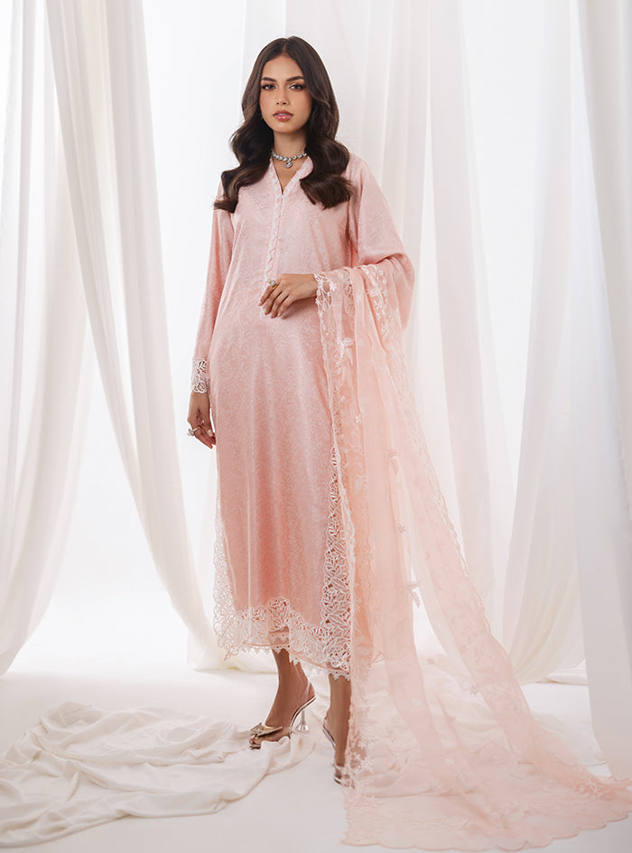Powder Pink Cutwork Self-Print Salwar Kameez (3-Piece) - Image 1
