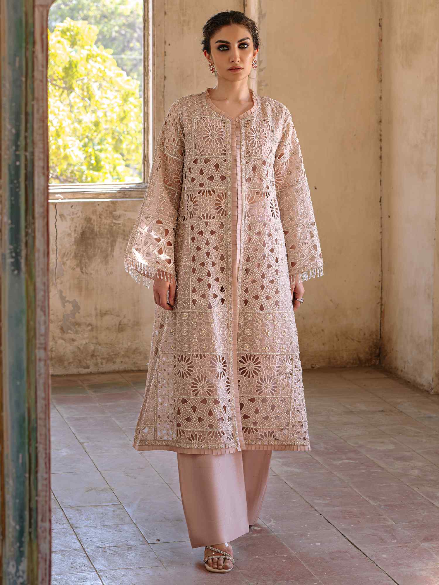 Pakistani Chai Pink Cutwork Organza & Silk Salwar Kameez (3-Piece) - Image 1