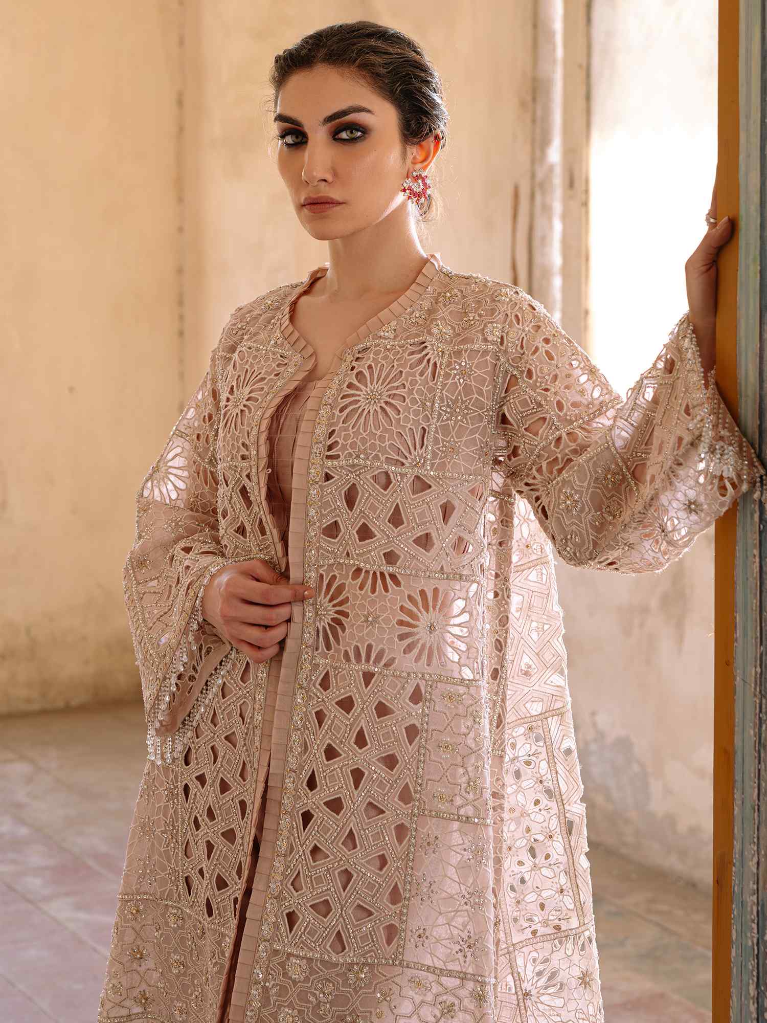 Pakistani Chai Pink Cutwork Organza & Silk Salwar Kameez (3-Piece) - Image 2