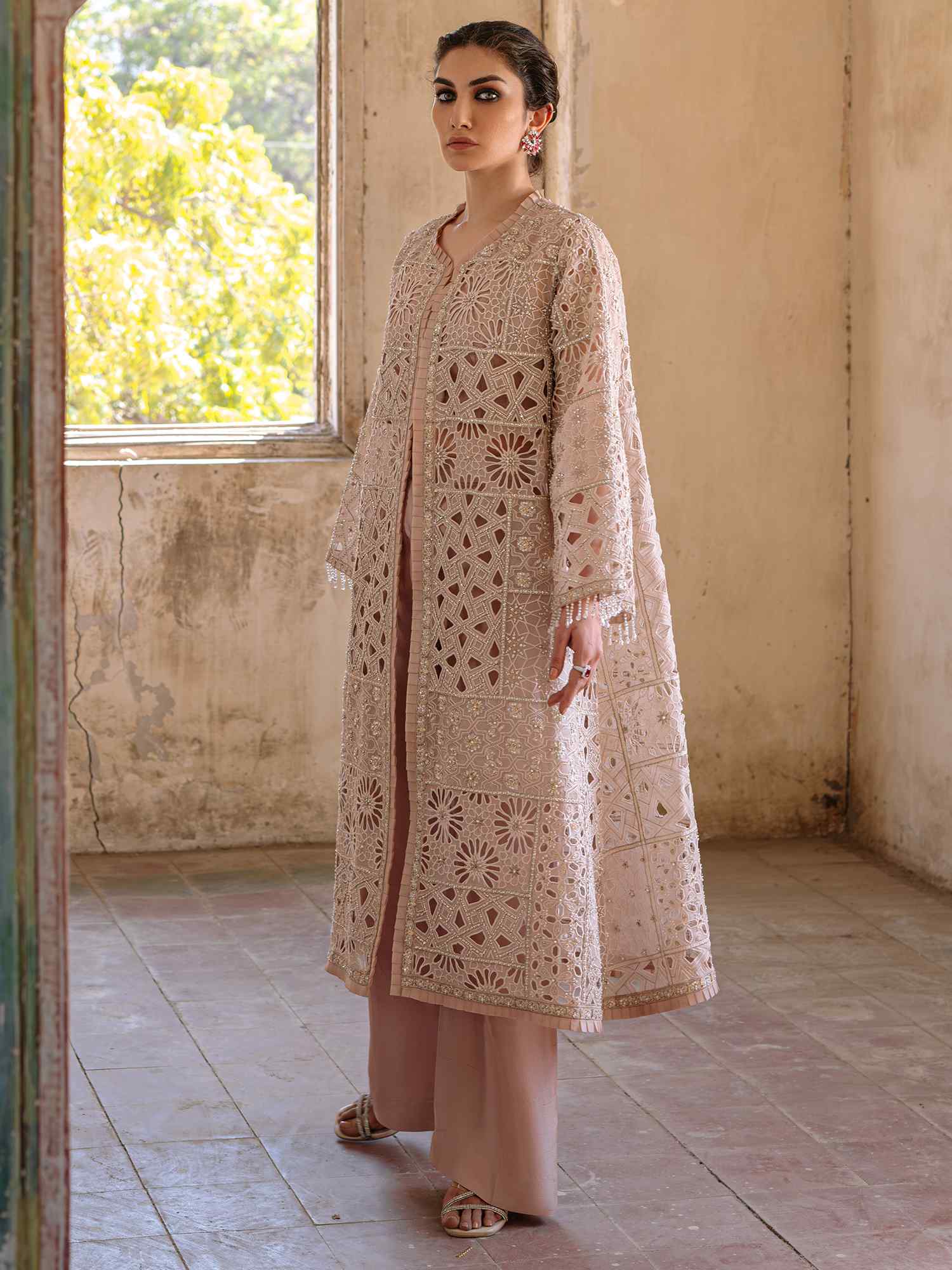 Pakistani Chai Pink Cutwork Organza & Silk Salwar Kameez (3-Piece) - Image 3